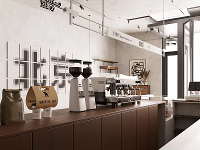 Coffee Shop Interior With Espresso Machine Coffee Bean Bag Brown Counter And Wall Art 3d model
