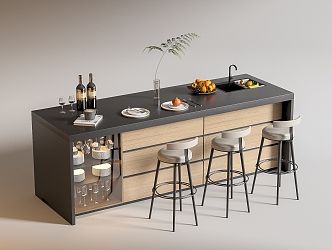 Modern Bar Chair Combination Western Kitchen Bar Counter Central Island Sink Bar Chair 3d model