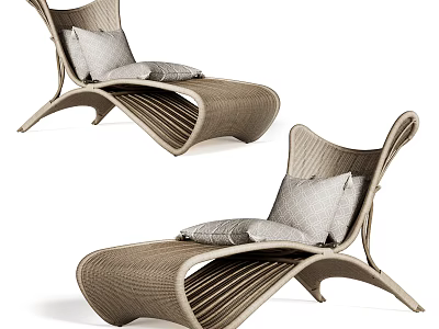 Modern Natural Tone Wicker Lounge Chair With Curved Structure And Soft Cushions 3d model