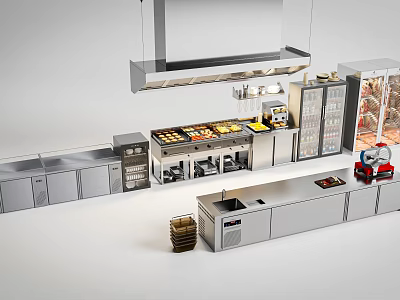 Modern Commercial Kitchen With Stainless Steel Cabinets Display Cases And Appliances 3d model