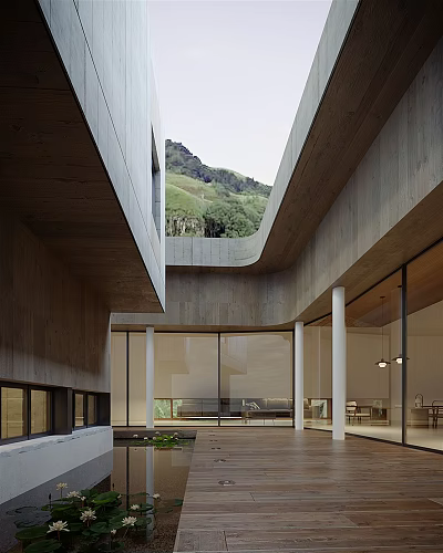 Modern Courtyard Garden With Concrete Structure Large Glass Windows And Distant Green Hillside 3d model