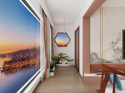 Modern Home Balcony With Large Window City Sunset View Plants And Wooden Floor Design 3d model