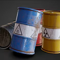 Industrial Equipment Featuring Yellow Red Blue Black Drums With Radioactive And Flame Symbols