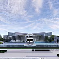 Modern Sales Office Building Featuring Water Pool Fountain Green Plants and Beautiful Surrounding Landscape 3d model