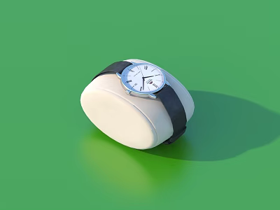 Stylish Watch With Black Strap On White Circular Cushion Green Background 3d model