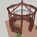 Outdoor Octagonal Wooden Gazebo with Glass Roof and Surrounding Flowers Plants on Deck