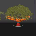 Three Arbor Trees With Red Trunks Green Canopies And Orange Decorations On White Bases