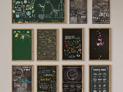 Diverse Hand Drawn Chalkboard Art in Wooden Frames on Wall 3d model