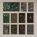 Diverse Hand Drawn Chalkboard Art in Wooden Frames on Wall