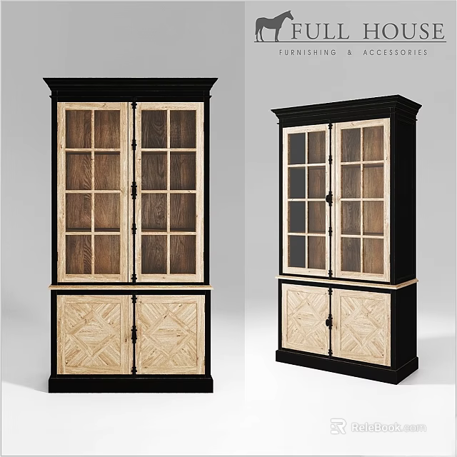 Vintage Wooden Cabinet With Glass Doors And Geometric Pattern Panels Black Frame Design 3d model 