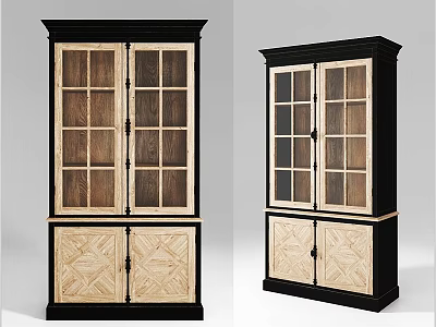 Vintage Wooden Cabinet With Glass Doors And Geometric Pattern Panels Black Frame Design 3d model