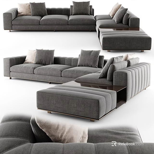 Modern L Shaped Gray Fabric Sectional Sofa With Multiple Cushions And Ottoman 3d model