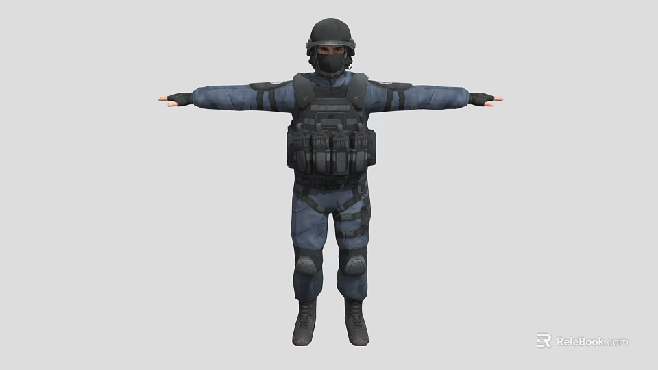 Game and Movie Character in Blue Tactical Uniform with Black Helmet Goggles Vest Knee Pads 3d model 