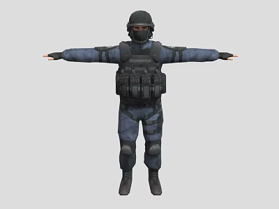 Game and Movie Character in Blue Tactical Uniform with Black Helmet Goggles Vest Knee Pads 3d model