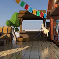 Cartoon Style Village Scene With Windmill Red Roofs And Plaza Decorations