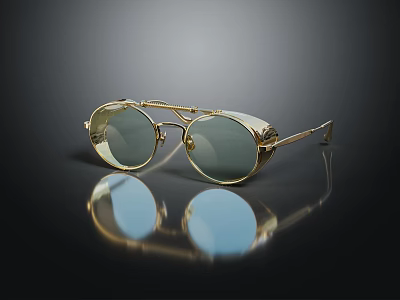 Jewelry Accessory Gold Frame Sunglasses With Light Green Lenses And Reflection On Black Background 3d model
