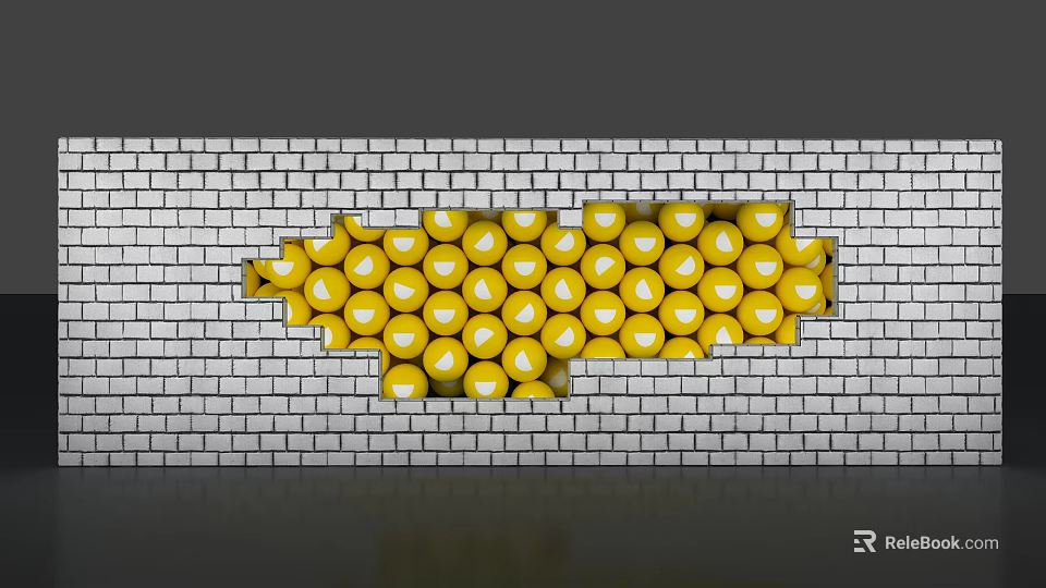 Yellow Spheres Arranged In Irregular Shape On Gray Brick Wall Background 3d model 