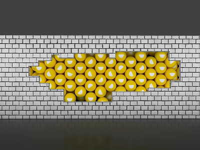 Yellow Spheres Arranged In Irregular Shape On Gray Brick Wall Background 3d model