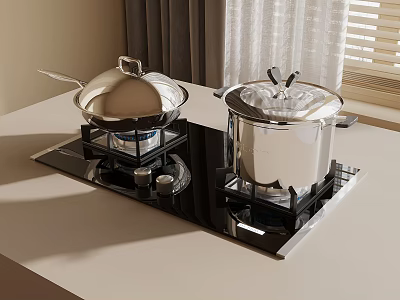 Modern Black Kitchen Gas Cooktop On White Countertop With Stainless Steel Pots 3d model