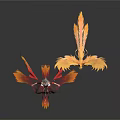 Mythical Character In Red And Gold Attire Sitting With Golden Phoenix Figure