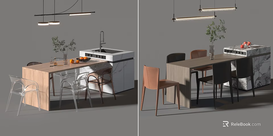 Dining Table Set With Mixed Chairs Kitchen Island Pendant Lights And Plants 3d model