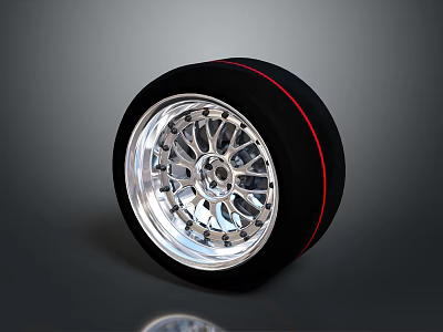 Stylish Car Tire With Black Tread Silver Alloy Wheel Rim And Red Sidewall Stripe 3d model