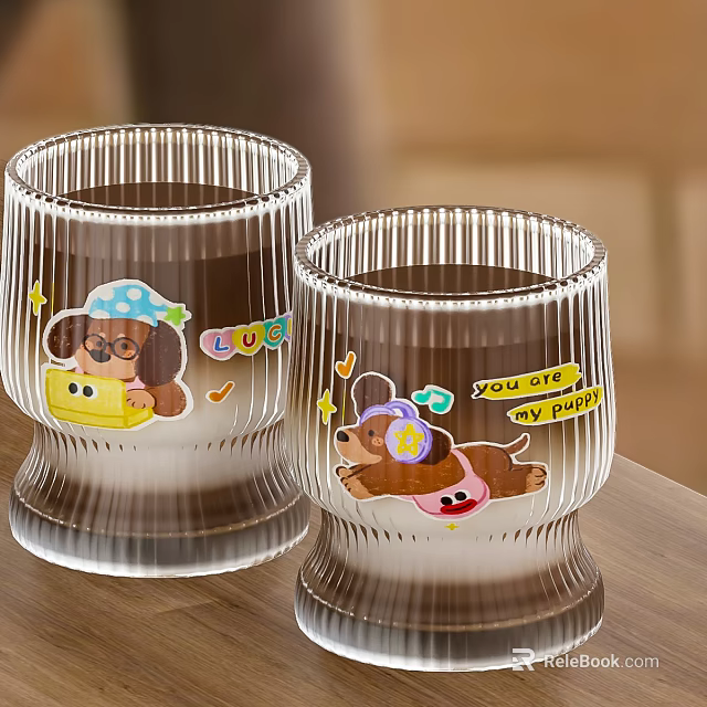 Transparent Glass Cups With Vertical Stripes And Cartoon Puppy Designs On Wooden Tabletop 3d model 