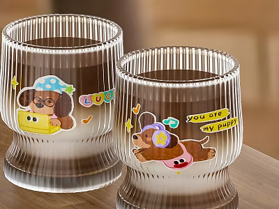 Transparent Glass Cups With Vertical Stripes And Cartoon Puppy Designs On Wooden Tabletop 3d model
