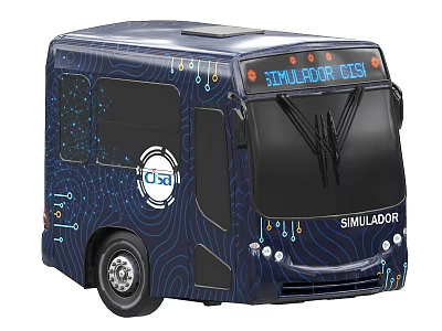 Blue Toy Bus Model With SIMULADOR CTS Design JBT Logo And Circuit Patterns 3d model