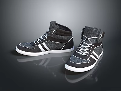 Stylish Gray And Black High Top Shoes With White Laces Stripes And Soles 3d model