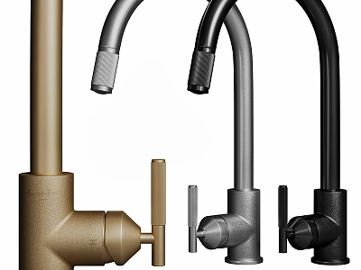 Modern Kitchen Sink With Gold Silver Black Faucets In Stylish Design 3d model