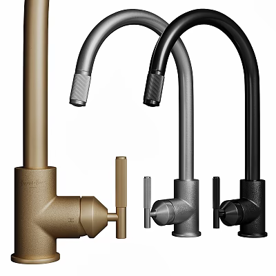 Modern Kitchen Sink With Gold Silver Black Faucets In Stylish Design 3d model