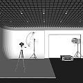 Professional Photography Studio Setup With Tripods Softbox Lighting And White Backdrop