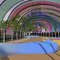 Colorful Arched Bridge with Transparent Material Wooden Walkway Blue Seats and Surrounding Trees