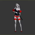 Sexy woman in red black lingerie holding black rifle with red high heels