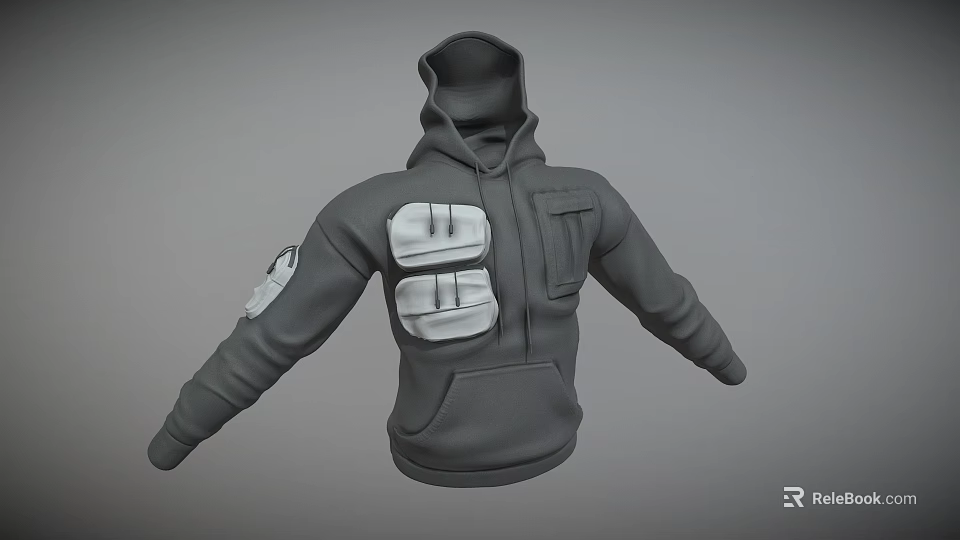 Gray Utility Hoodie With Dual Chest Pockets Sleeve Pocket And Functional Design 3d model 