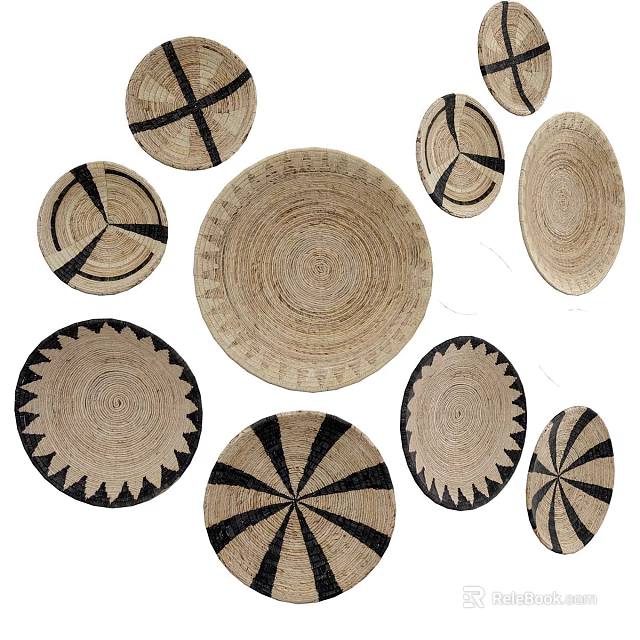 Decorative Woven Baskets with Various Shapes Beige Black Patterns for Home Decor 3d model 