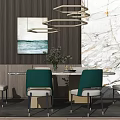 Modern Dining Table Set With Green White Chairs And Hanging Lights 3d model