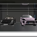 Modern Parking Garage With Black And Pink Porsche Sports Cars Purple Lighting And Metallic Walls