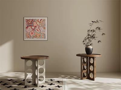 Stylish Hollow Out Wooden Side Tables For Warm Neutral Tone Living Room Corner Decor 3d model
