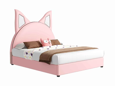 Cute Pink Kids Bed with Cat Ear Headboard Soft Pillows and Stuffed Toy 3d model