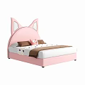 Cute Pink Kids Bed with Cat Ear Headboard Soft Pillows and Stuffed Toy