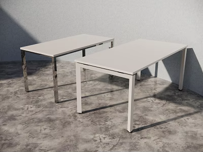 White Rectangular Dining Tables with Metal Legs on Gray Concrete Floor Bright Lighting and Shadows 3d model