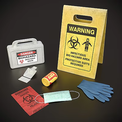 Biohazard Medical Equipment With Protective Gloves Mask And Disposal Container 3d model