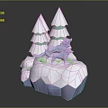 Low Poly Cartoon Scene With Snowy Pine Trees And Wolf On Snowy Mountain