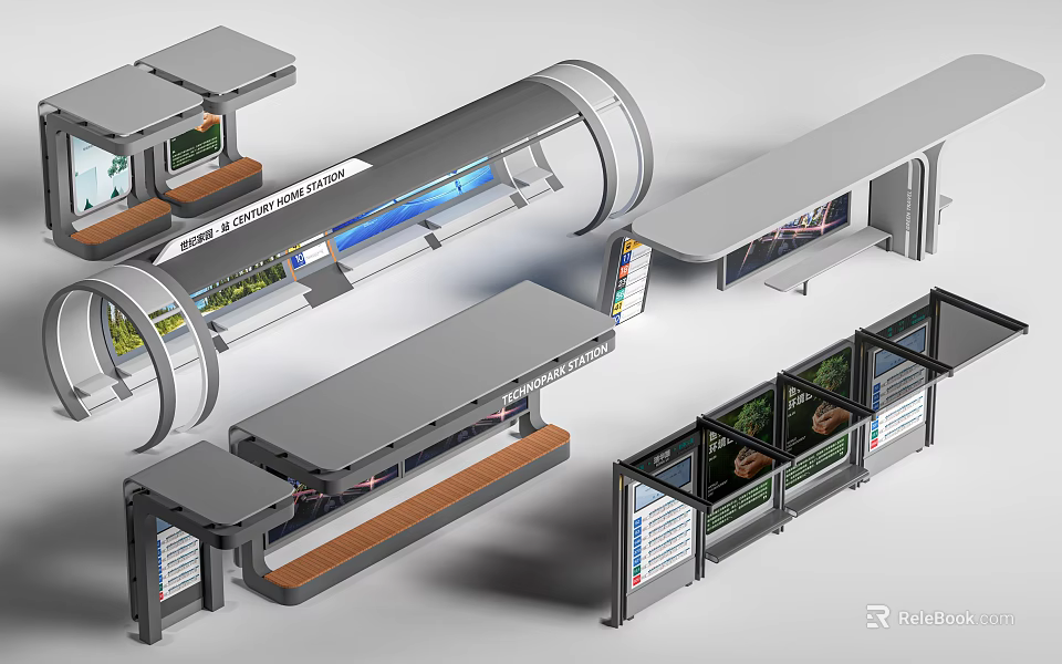 Modern Bus Stop Exterior With Transparent Roof Information Displays And Seating Areas 3d model 