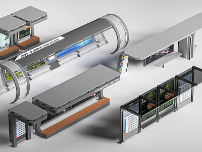Modern Bus Stop Exterior With Transparent Roof Information Displays And Seating Areas 3d model