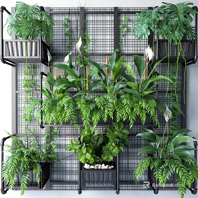 Lush Green Bonsai and Potted Plants With Hanging Foliage on Metal Grid Shelves 3d model 