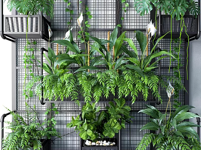 Lush Green Bonsai and Potted Plants With Hanging Foliage on Metal Grid Shelves 3d model