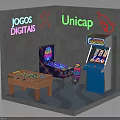 Indoor Gaming Corner With Neon Signs Arcade Machines And Wooden Table